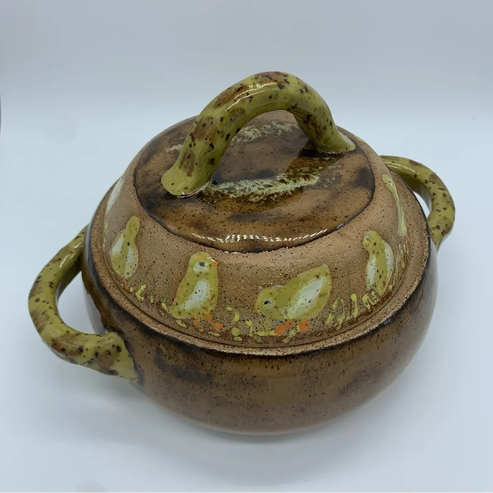 Art Pottery Easter Baby Chick Chicken Covered Dish Signed